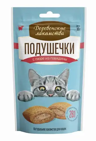 Купить ДЕРЕВЕНСКИЕ ЛАКОМСТВА лакомство для кошек подушечки с пюре из говядины
