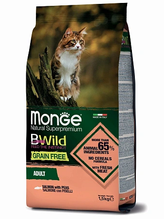 Купить monge cat bwild grain free сухой беззерновой корм для взрослых кошек с лососем